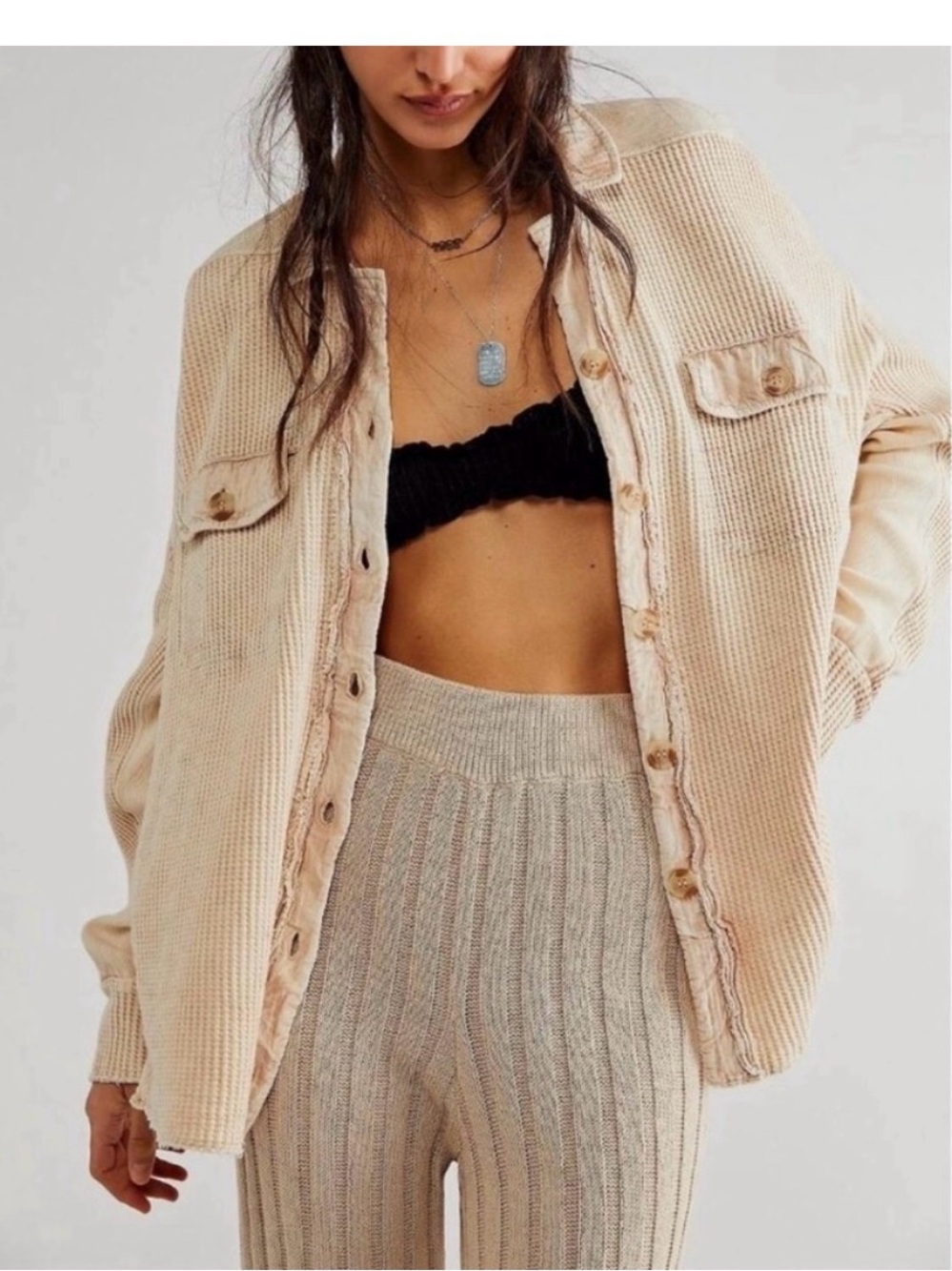 Free People FP One Scout Waffle Knit Oversized Shacket Shirt Jacket Sand Tan
